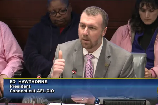 Connecticut AFL-CIO President Ed Hawthorne testifies at the Labor & Public Employees Committee on Feb. 13, 2025