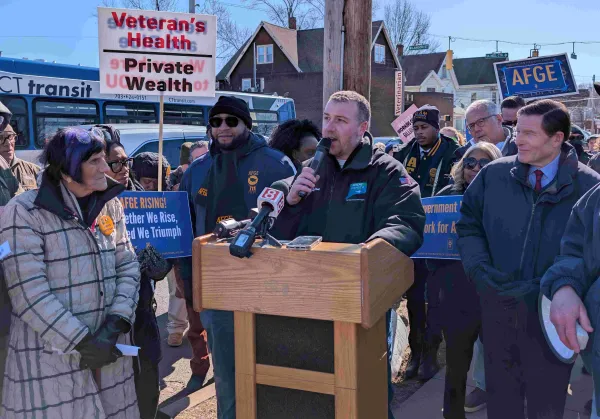 Connecticut AFL-CIO President Ed Hawthorne speaks outside the West Haven VA to defend civil servants who dedicate their careers to helping our veterans